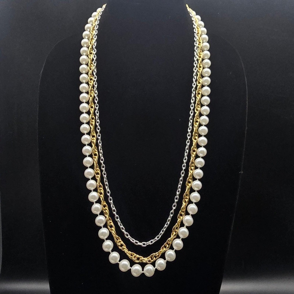 Faux Pearl Layered Chain Necklace Light Weight Vintage Made in Hong Kong